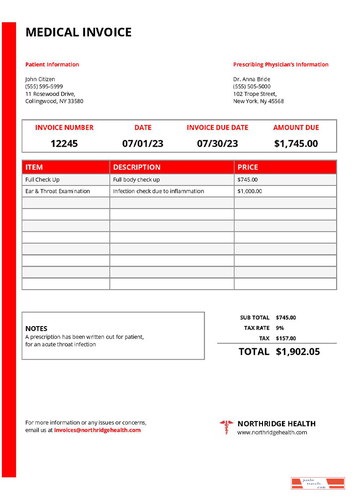 USA New York Northridge Health Center medical invoice template PSD template